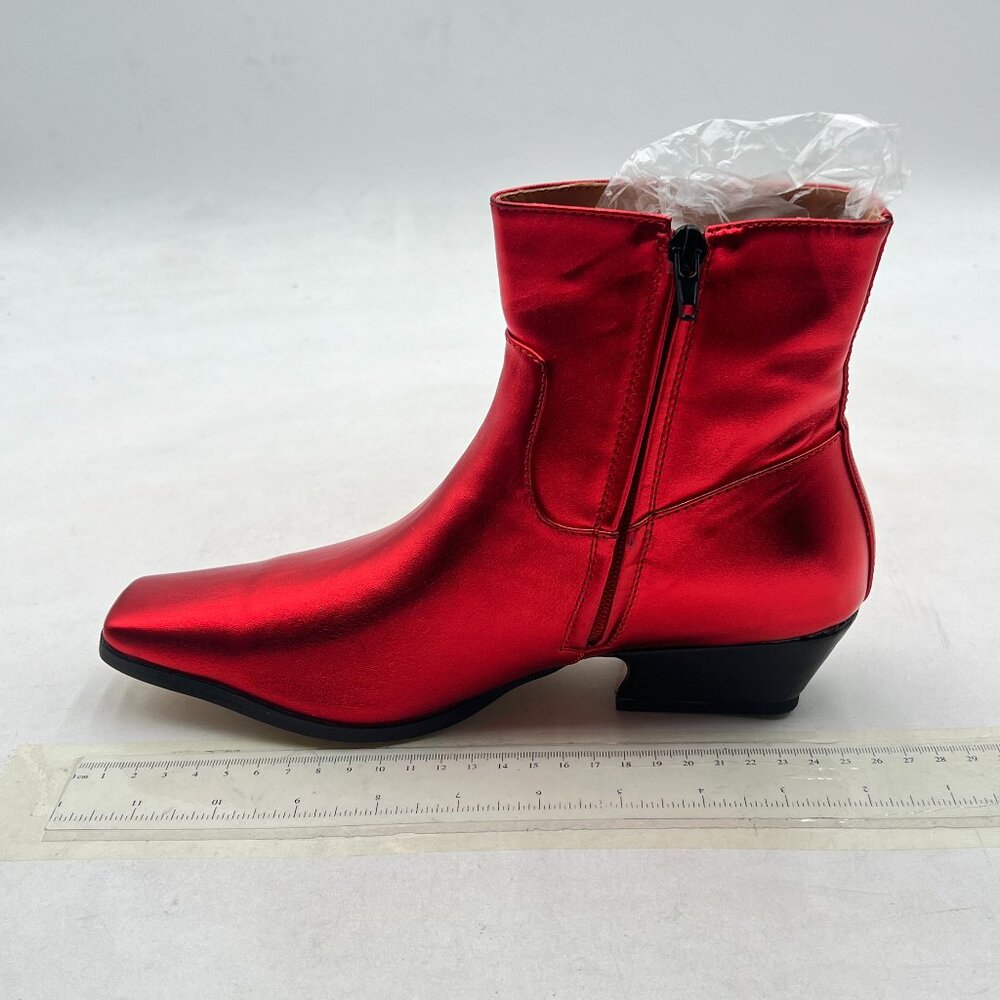 miss left Red Square Toe Low Chunky Heel Ankle Booties Chic Zip up Short Boot